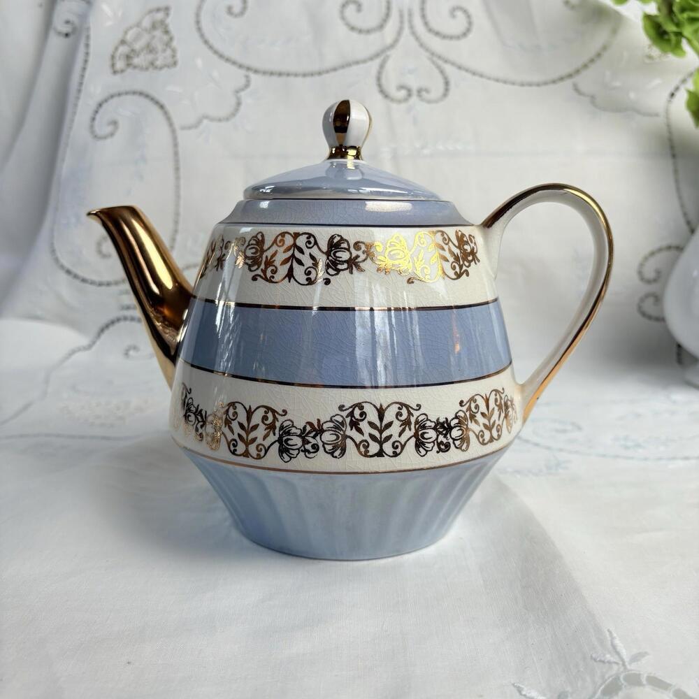 Vintage White Blue Gold Gibson  & Sons‎ Teapot England Tea Pot Beehive Shape